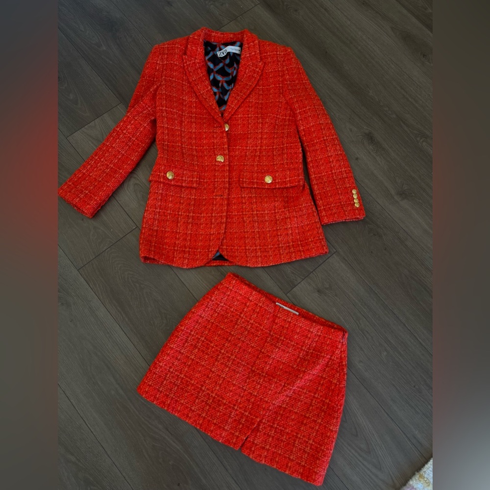 Orange Tweed Blazer and Skirt Set
